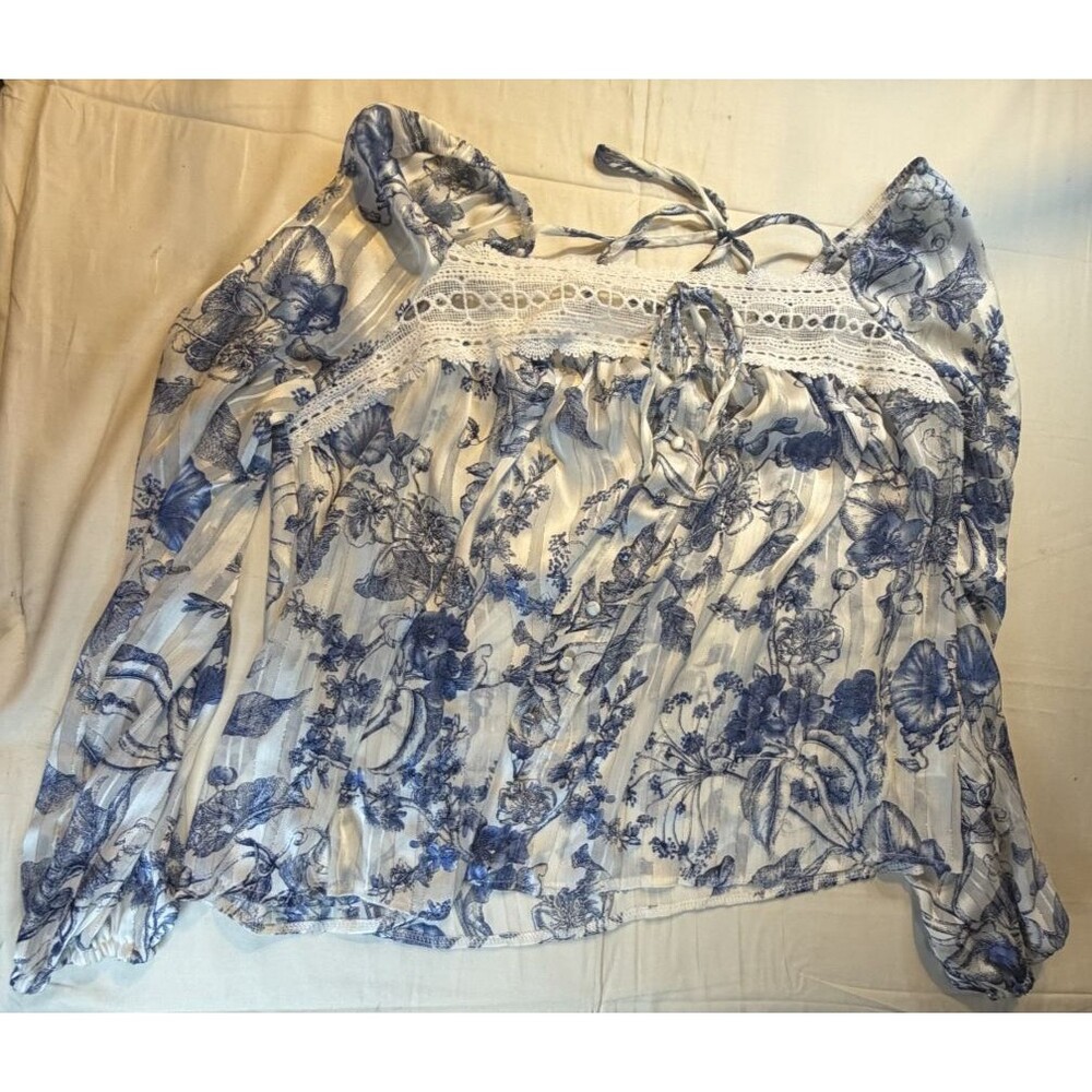 White Blue Floral Boho Blouse Women's Whimsical Lightweight Casual Top
